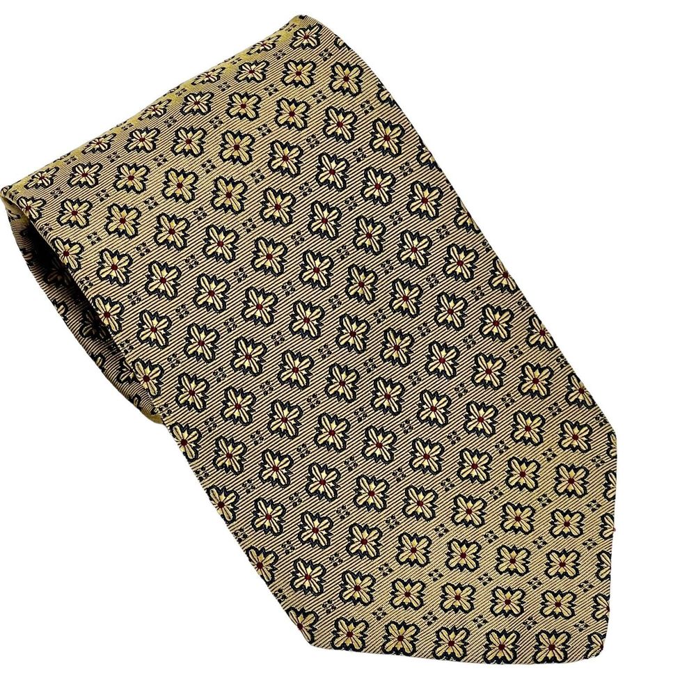 Hickey Freeman Collection Silk Necktie Gold Yellow w Geometric Floral Medallion